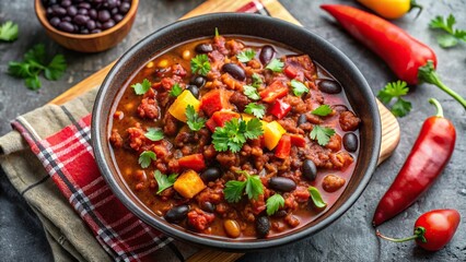 Plant-based chili with black beans on a plain surface , vegan, vegetarian, meal, food, healthy, tasty, delicious, nutritious, homemade, dish, spicy, meatless, beans, protein, savory