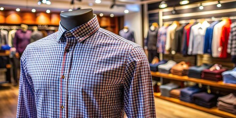 Trendy cotton Men shirt displayed on mannequin in clothing shop , fashion, retail, store, summer collection, textile industry, business, product display, samples, clothing, shirt, mannequin
