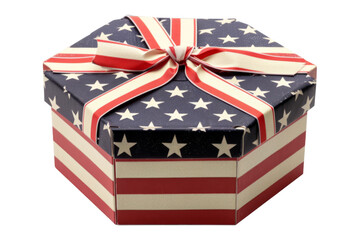 A box with a red, white and blue striped background and a bow on top