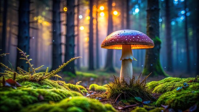 Mushroom in a dark, enchanting forest setting, mushroom, forest, nature, woodland, fungi, damp, damp, earthy, moss, trees, foliage, autumn, seasonal, organic, growth, texture, magic