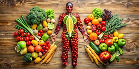 Wall Mural - Fruits and vegetables forming a human body, symbolizing the importance of nutrition and healthy lifestyle, metabolism, nutrition, eating diet, fitness, health, vitamins, digestion