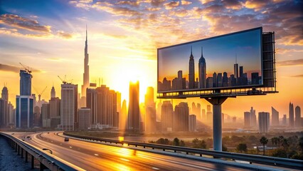 Sunrise view of Dubai skyline with a billboard welcoming visitors , Dubai, sunrise, skyline, billboard, greeting, tourism, cityscape, travel, UAE, Middle East, architecture, urban, modern