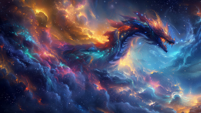 A fantasy dragon made of colorful nebula clouds, flying through space in an epic digital art wallpaper