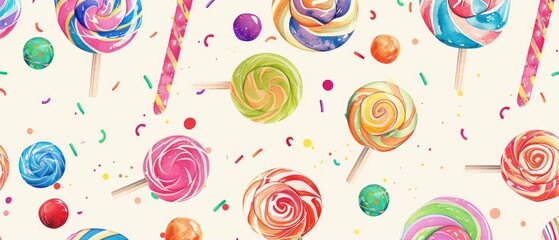 Wall Mural - World of sweets seamless pattern lollipops, gummy candies, and shaped treats. sweets parade, cartoon candy pattern delight.