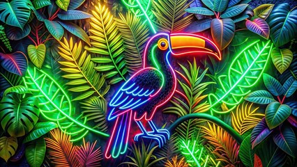 Colorful neon of a toucan surrounded by tropical plants and leaves, toucan, bird, tropical, vibrant, neon, colorful,plants, foliage, jungle, exotic, tropical bird, bright