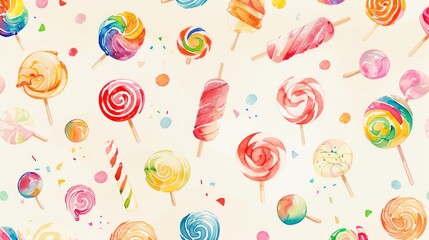 Wall Mural - World of sweets seamless pattern lollipops, gummy candies, and shaped treats. sweets parade, cartoon candy pattern delight.