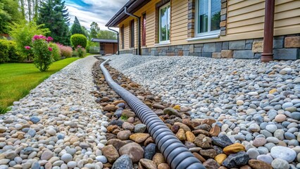 Stone and gravel installation for water drainage around house French drain system , Stone, gravel, installation, water drainage, house, French drain, system, landscape, exterior