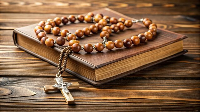 Wooden table with Catholic Church liturgy book and rosary beads , religion, Catholicism, liturgy, rosary, beads, wooden table, religious, faith, spirituality, church, holy, prayer, devotion