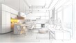 © inthasone - Beautiful Stylish kitchen interior sketch design and drawing with modern furniture. Combination of photo and sketch