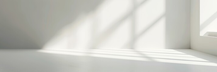 Poster - Sunlight casting sharp shadows in white room - A bright room where the sunlight forms sharp and crisp shadows on a white wall and floor