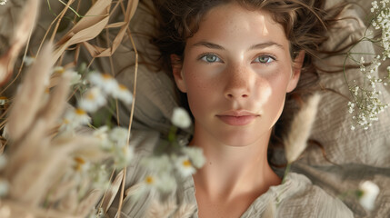 A serene portrait of a woman lying down with a soft floral background, highlighting natural beauty and a peaceful expression in an outdoor setting