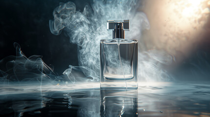 Canvas Print - mock up of white perfume bottle for men, with black smokey background on table, Ai generated Images