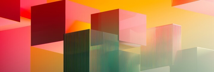Poster - Abstract geometric translucent cubes composition - An abstract image featuring translucent, geometric cubes in a variety of vibrant colors against a gradient backdrop with a playful, modern aesthetic