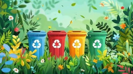 colorful cartoon illustration of four trash cans with recycling symbols on them, set in the grass surrounded by foliage and flowers, flat design, vector art style, stock photo,