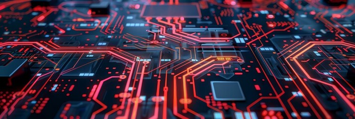 Poster - Close-up of red circuit board lines - Macro shot of a red circuit board highlighting the pathways and components of technology