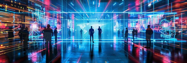 Canvas Print - Futuristic data center with digital projections - Silhouetted figures stand in a modern data center with futuristic holographic projections