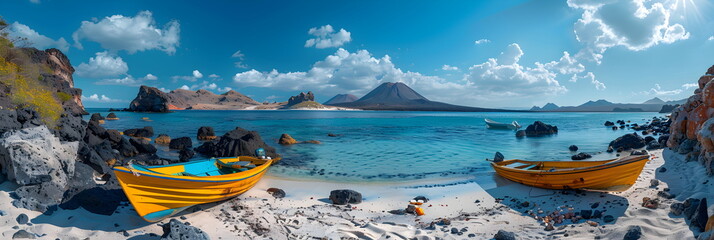 Wall Mural - 8k, panorama, Top view widescreen of Seascape The wonders of the Galapagos ecosystem, A tropical underwater scene with fish, coral reefs, and a diver in the blue ocean