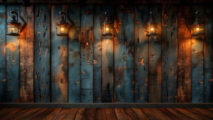 Wall Mural - a wooden wall with lanterns hanging from it and a wooden floor