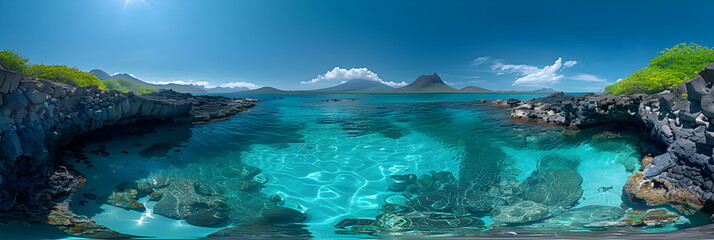 Wall Mural - 8k, panorama, Top view widescreen of Seascape The wonders of the Galapagos ecosystem, A tropical underwater scene with fish, coral reefs, and a diver in the blue ocean