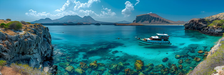 Wall Mural - 8k, panorama, Top view widescreen of Seascape The wonders of the Galapagos ecosystem, A tropical underwater scene with fish, coral reefs, and a diver in the blue ocean