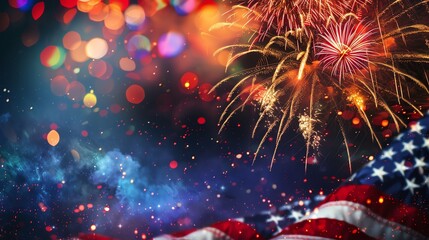 Wall Mural - Celebratory fireworks display with colorful bokeh lights and American flag, ideal for patriotic events, holidays, and national celebrations.