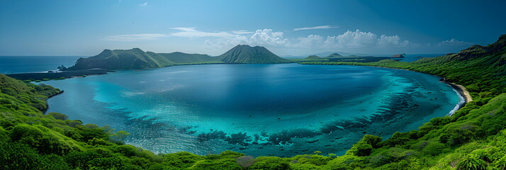 Wall Mural - 8k, panorama, Top view widescreen of Seascape The wonders of the Galapagos ecosystem, A tropical underwater scene with fish, coral reefs, and a diver in the blue ocean