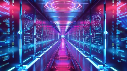 Poster - High-tech server room with glowing neon lights - This modern server room is bathed in hues of blue and red with pathways leading to the glowing center, emulating advanced technology environments