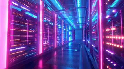 Poster - Vibrant data center corridor with lights - This stock photo captures an illuminated data center corridor with vivid red and pink neon lighting