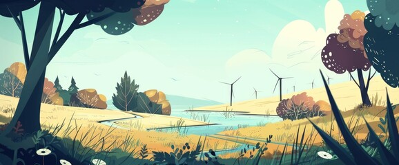 Abstract Representation Of Energy Conservation In A Natural Setting, Cartoon Style, Background