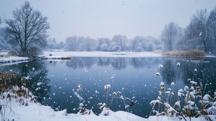 Sticker - Scenic view of a little lake in a natural park during snowy weather