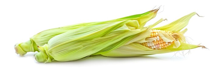 Fresh corn cobs with green husks - Brightly colored fresh corn cobs with husks on a white background, emphasizing the natural appearance