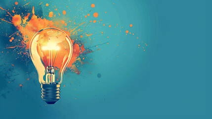 Poster - Glowing light bulb with paint splashes on blue - A single illuminated light bulb with exploding paint splashes represents creativity and innovation on a cool blue backdrop