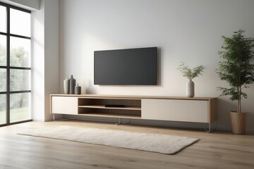  Interior home of living room with LED TV cabinet on white wall copy space mock up