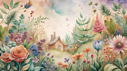 Wall Mural - Floral watercolor background with a rustic feel