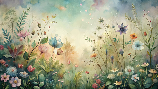 Watercolor background of various flowers