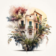 Poster - Watercolor house. Cute summer house. Old building and blooming garden. Vintage house and blossom tree, Provence, France or Tuscany, Italy. Illustration in watercolor style