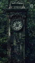 Old stone clock tower overgrown with vines in a mysterious forest. Forgotten time concept.