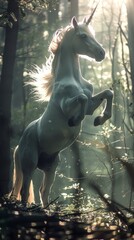 Wall Mural - Magical unicorn standing gracefully in a lush green forest. Fantasy concept.