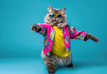 A silver cat wearing colorful floral jacket and yellow tshirt, orange sunglasses dancing on blue background