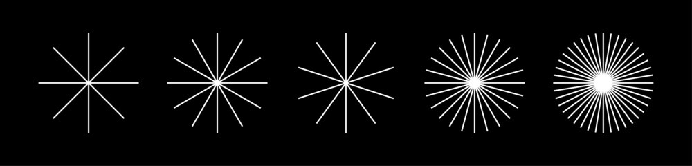 Leinwandbilder - Starburst ray lines round set. Editable stroke vector design pack of geometric elements isolated on black background.