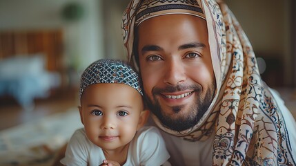 Wall Mural - Muslim, praying and father with child in Mosque for spiritual religion together or teaching to worship Allah. Islamic, Arabic and parent with kid for peace or respect as gratitude, trust and hope