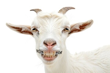 Wall Mural - a white goat smiling with white teeth and dental braces isolated on a white background