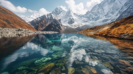 Wall Mural - A remote mountain lake nestled among towering peaks, its crystal-clear waters reflecting the snow-capped summits and endless sky above.