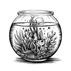 Fishbowl engraved style ink sketch drawing, black and white vector illustration