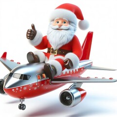 Wall Mural - 3D christmas santa claus on airplane giving thumbs up on a white background