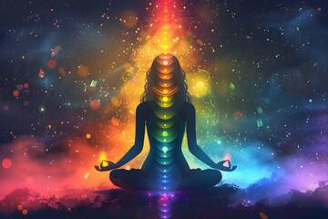 Wall Mural - A futuristic colorful background with transcendental chakras space meditation theme, suitable for meditation and spiritual wellness.