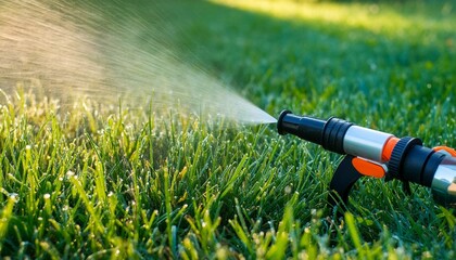 Wall Mural - Wallpafield and blue sky, landscape with green grass and sky, green and sun, sprinkler spraying water on grass, grass on the field, ball on the grass, Worker spraying pesticide on a green lawn outdoor