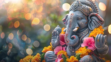 High-angle view, serene stone statue of Lord Ganesha adorned with vibrant flower garlands, soft twilight background with bokeh lights, ample copyspace, watercolor effect