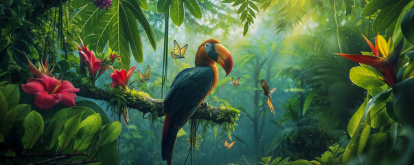 A hornbill perches on a branch in a tropical rainforest.