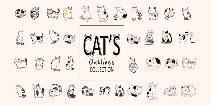 collection of cats outline style hand drawn vector illustration set. icon and character pet animal e